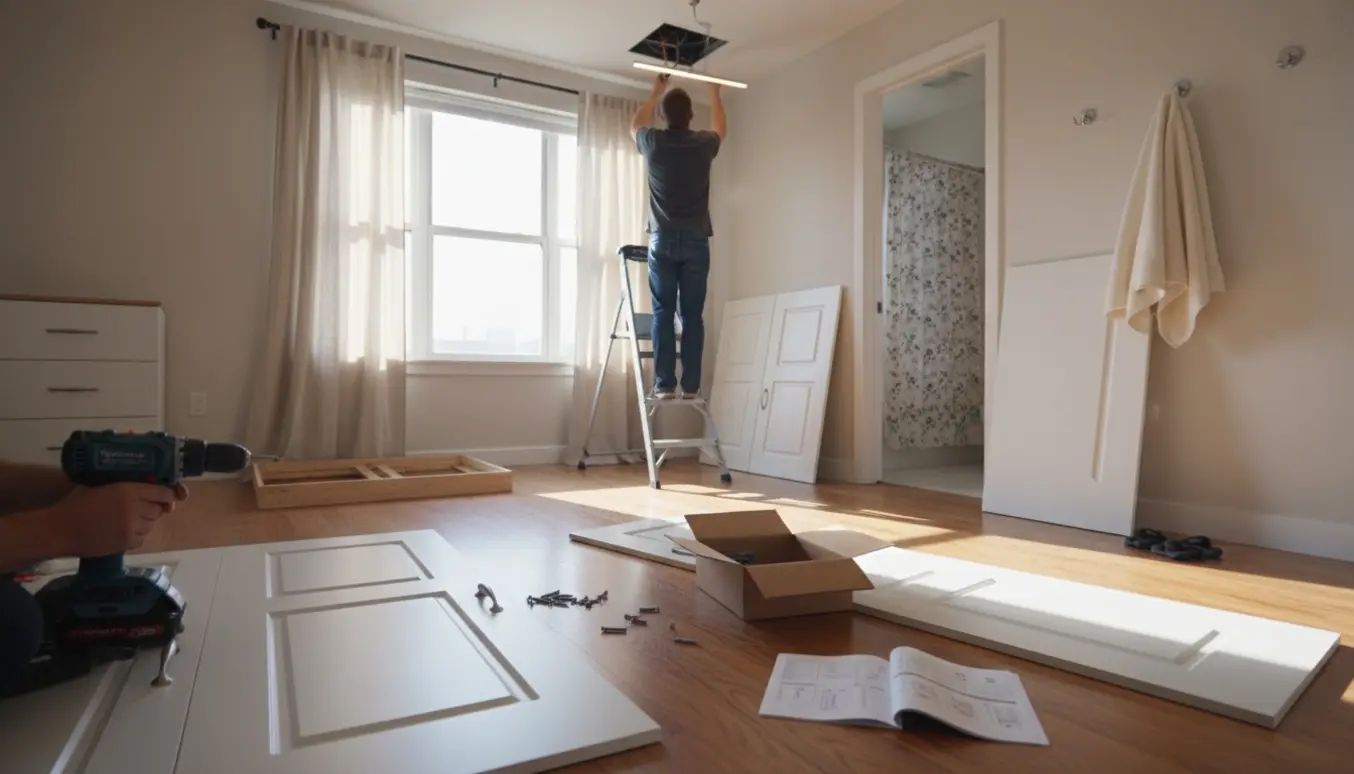 Hænder monterer greb på et klædeskab i et lyst værelse med stige, loftslampe, gardin og synligt badeværelse med bruseforhæng og håndklædekroge.