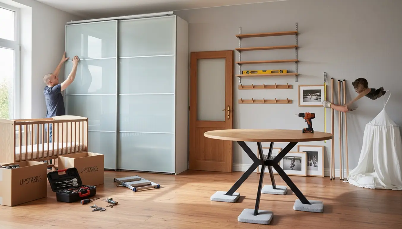Hænder monterer skydedør, hylder og bordstel i et lyst hjem med værktøj og materialer synlige.