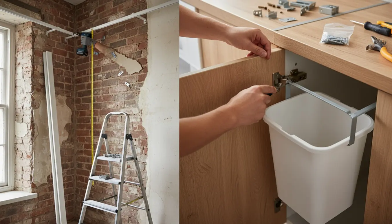 Hænder monterer et gardinskinnehjørne ved et vindue og et skraldestativ på en køkkenlåge i et lyst hjem.