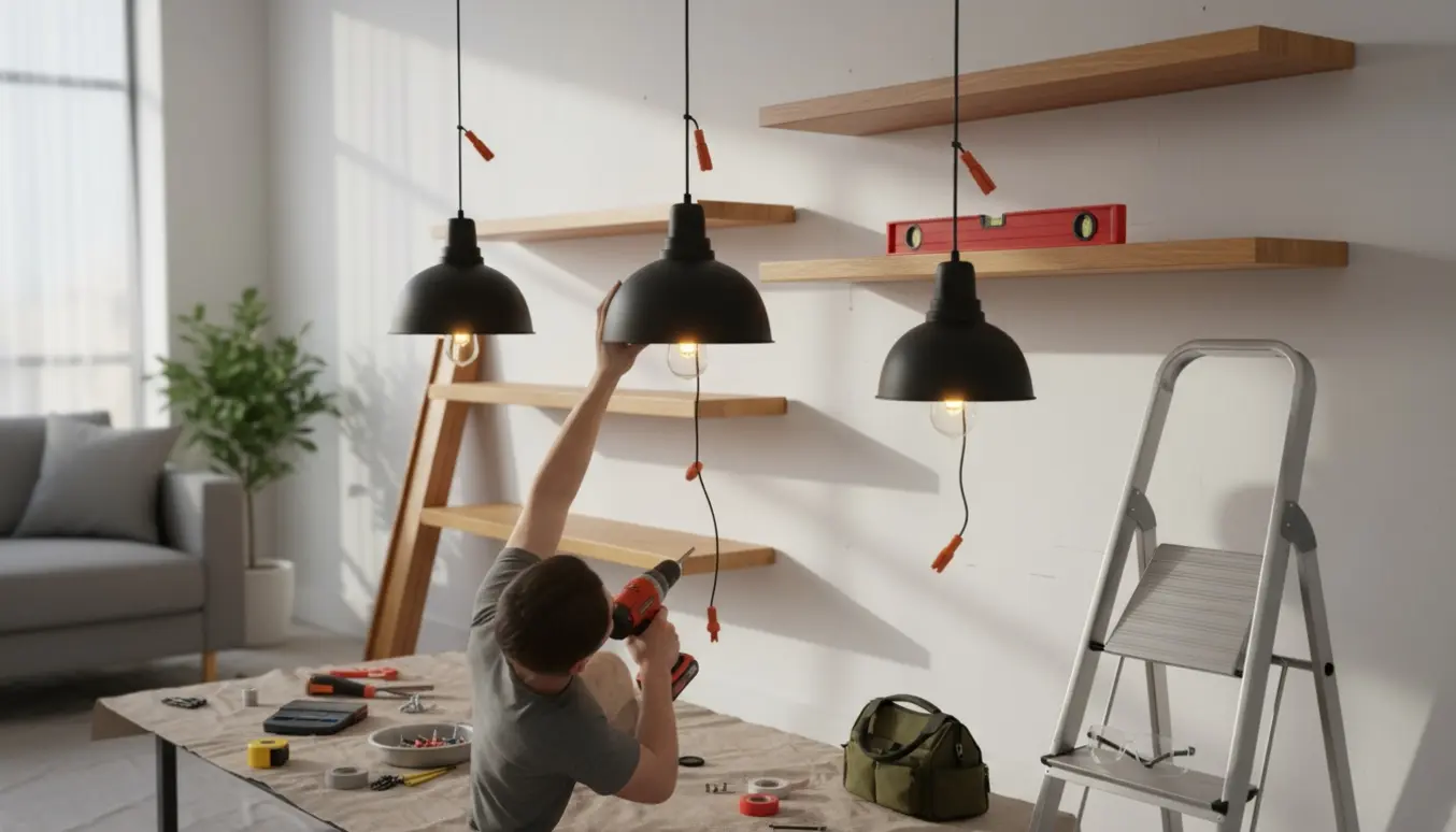 Hænder monterer syv flydende hylder og tre pendellamper på en hvid væg med værktøj og stige i forgrunden.
