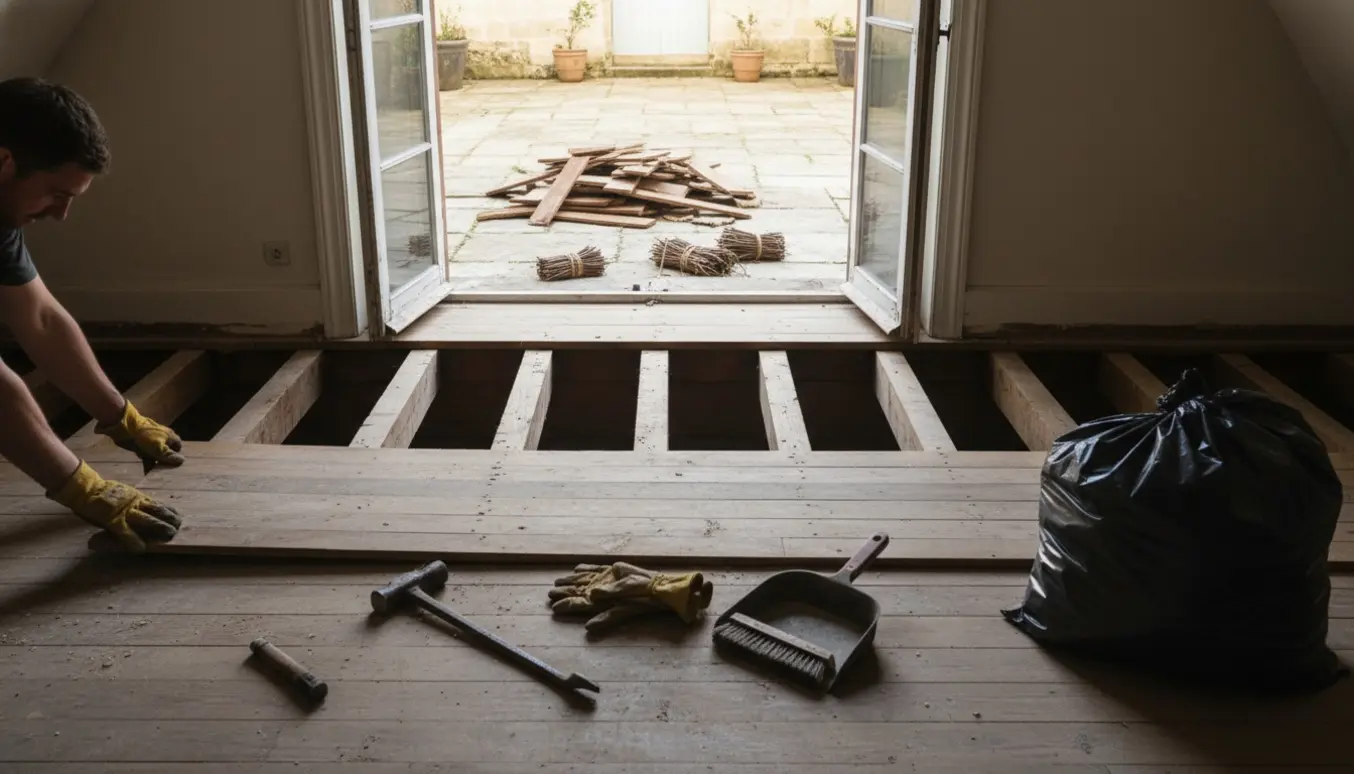 Udsnit af en overetage med fjernet gulv og bunker af gammelt trægulv i gårdspladsen.