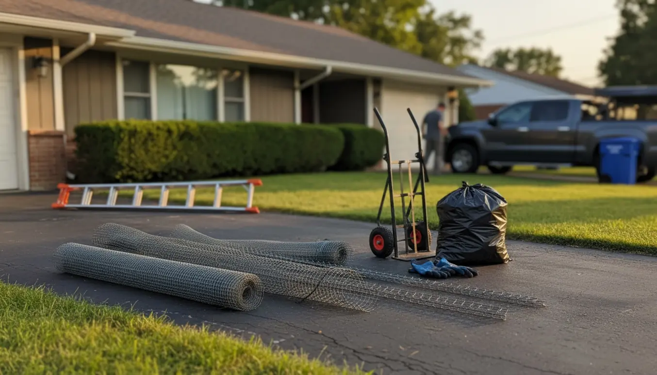 Stak nedtagne tagrendenet, arbejdshandsker og en åben varevogn ved et parcelhus klar til bortskaffelse.