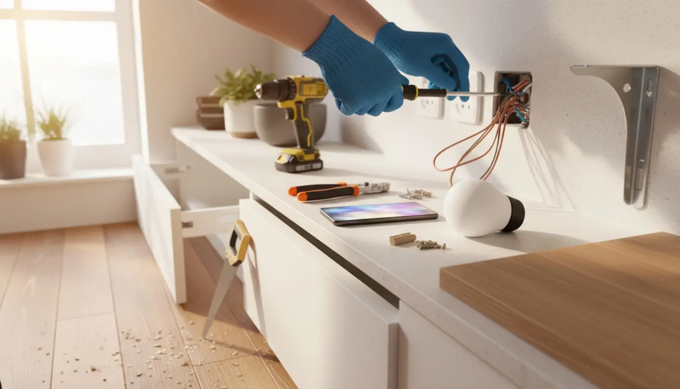 Hænder monterer en stikkontakt og hylder i et køkken med værktøj, smartpære og løs sokkel.