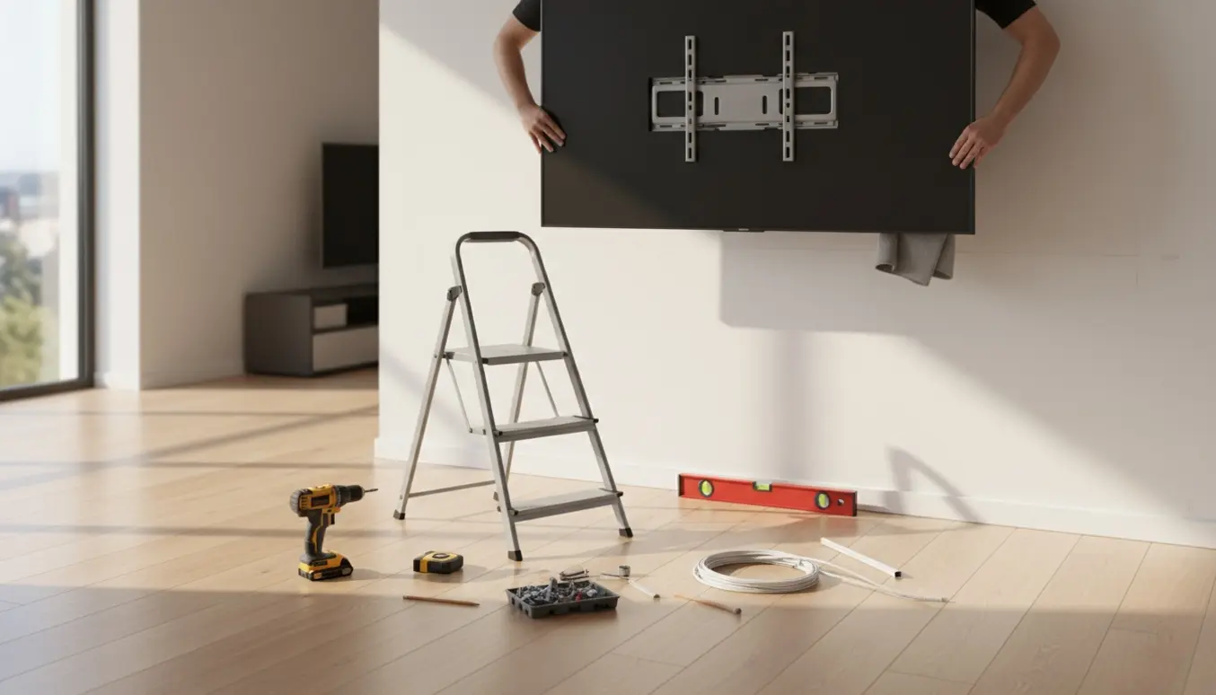 Hænder monterer et fladskærms-tv på vægbeslag i en lys, moderne stue.