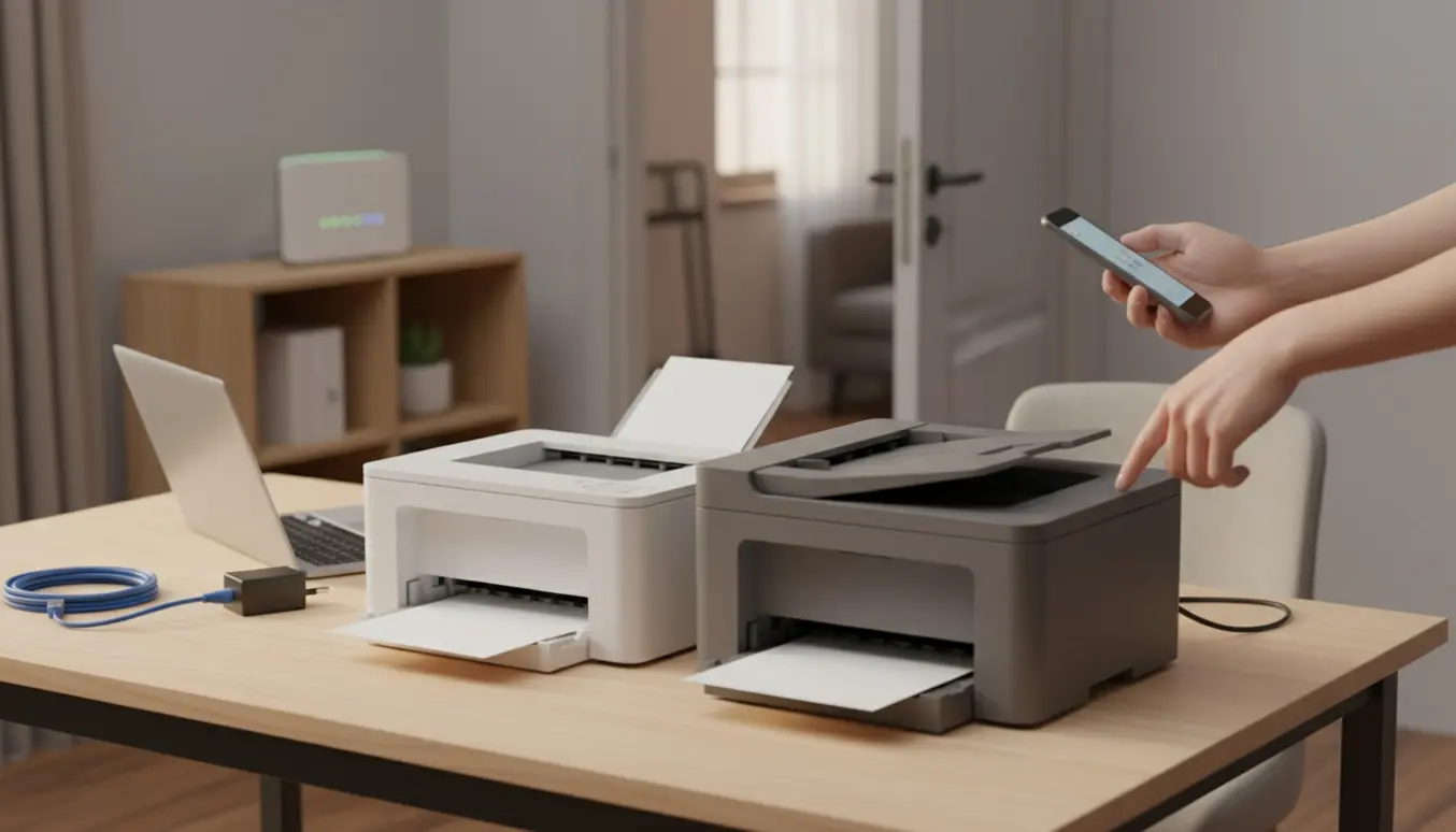 To printere på et skrivebord med en hånd, der holder en smartphone, og en router med lys i stuen i baggrunden.