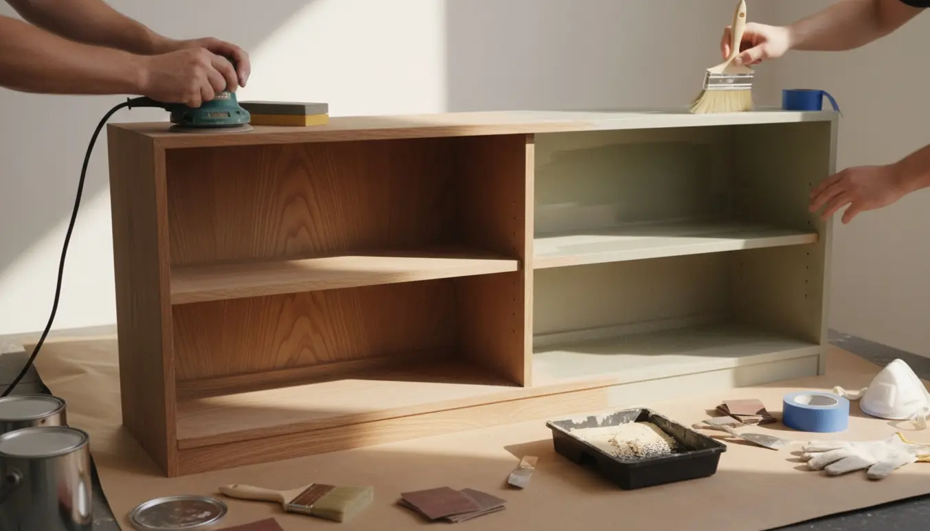 En halvrestaureret antik bogreol med sandpapir, primer og pensler i et lyst værksted.