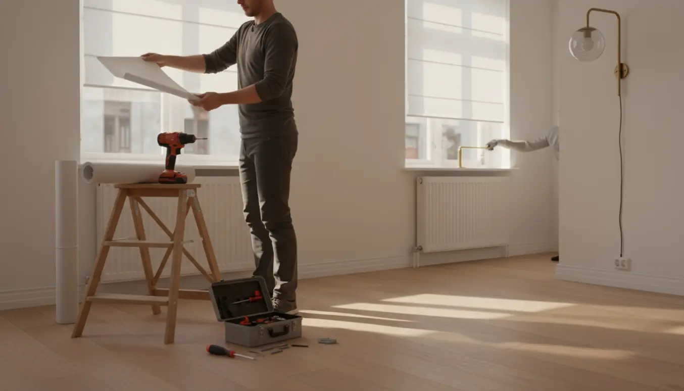 Nærbillede af hænder, der monterer rullegardin i en lys Østerbro-lejlighed med værktøj, radiator, væglampe og fodlister i baggrunden.