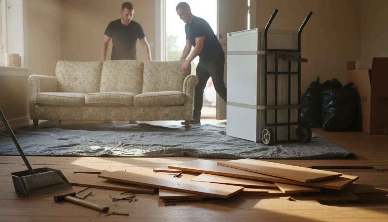 Flyttefolk skubber en sofa på flyttetæpper i en lys stue, mens gammelt trægulv er delvist fjernet og et køleskab står på en sækkevogn klar til afhentning.