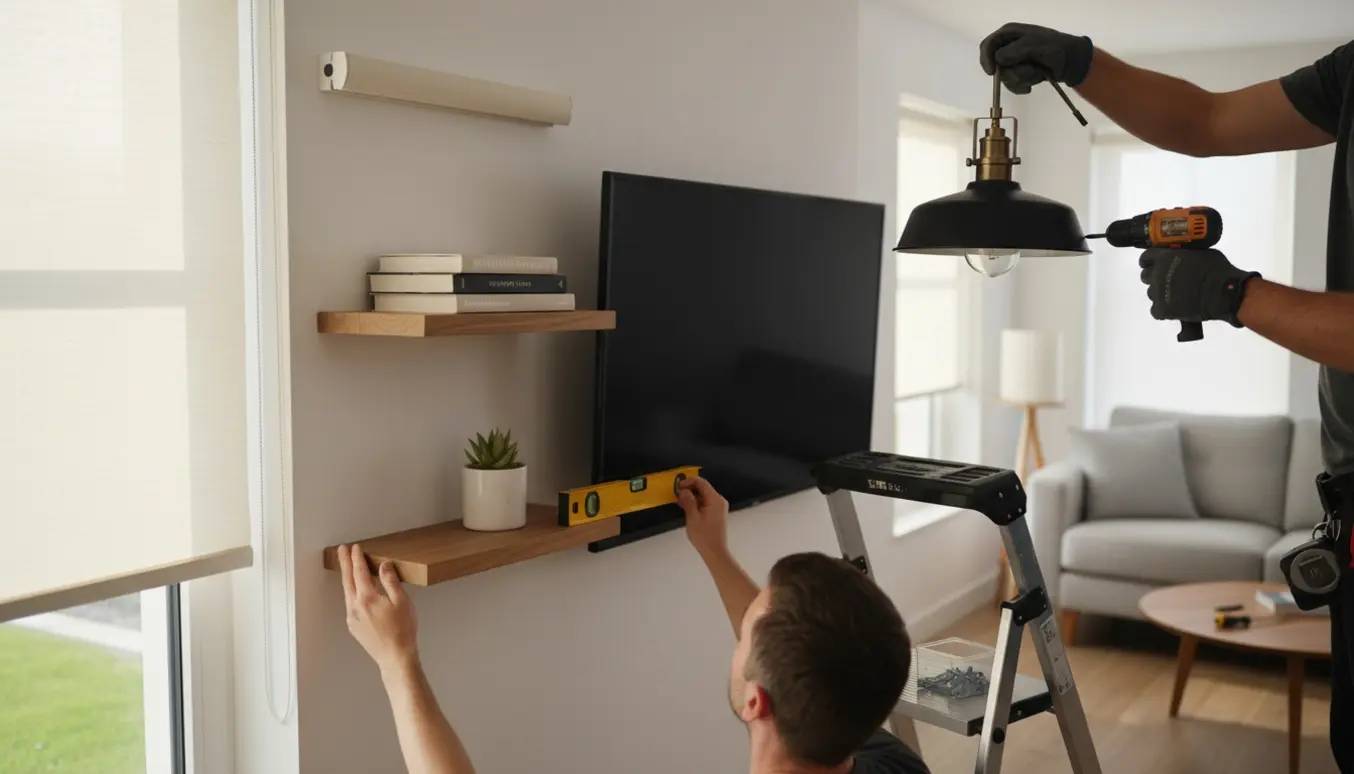 Hænder monterer en pendel, retter et væg‑TV og hænger et rullegardin i en lys stue.