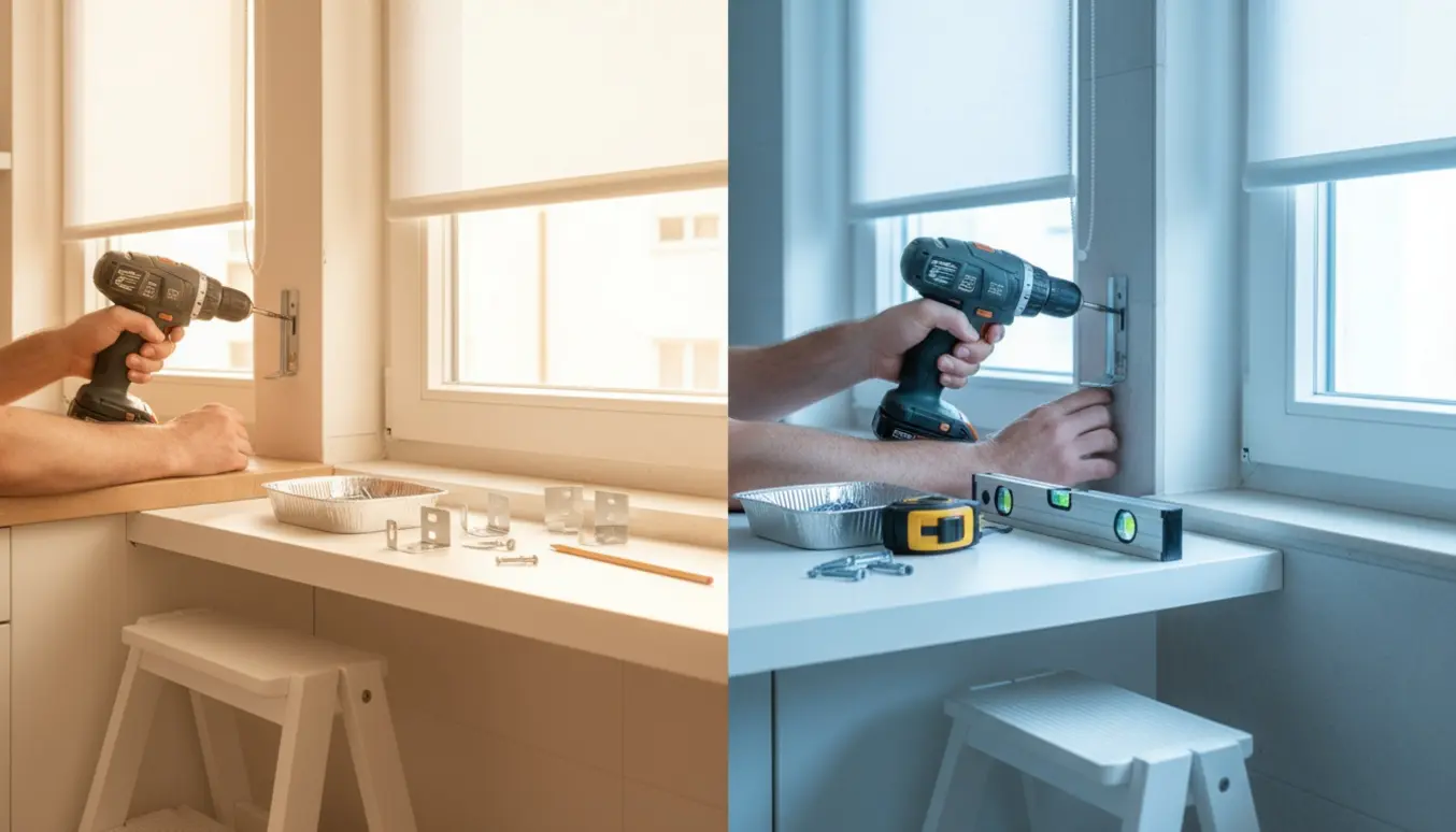 Nærbillede af ophængning af to rullegardiner i køkken og badeværelse med boremaskine og beslag.