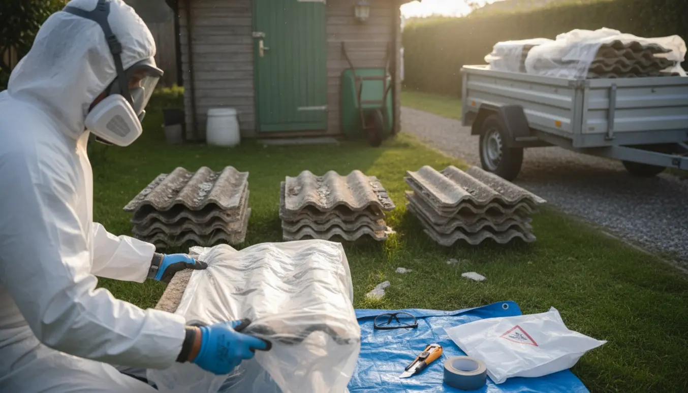 Tre bunker gamle, knækkede tagplader på en kolonihavegrund, mens en arbejdsmand i beskyttelsesdragt pakker en plade i plastik.