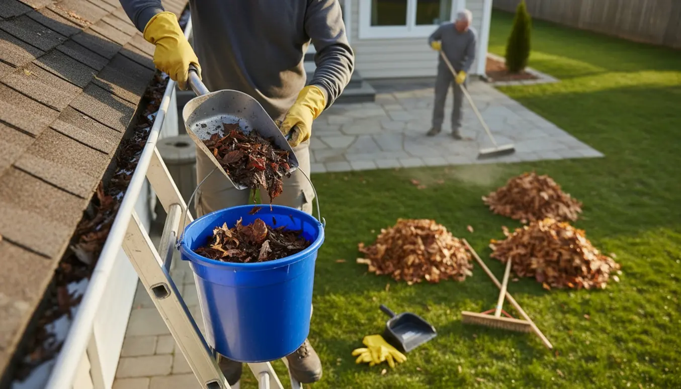 Person renser tagrende fra en stige mens rive og kost ligger klar ved en bunke blade og fejer fliserne.