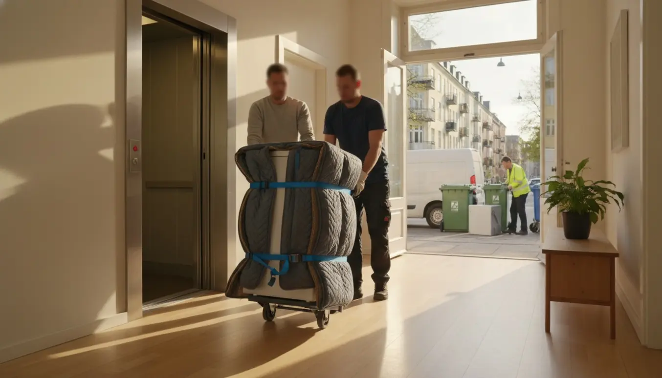 Et lille køleskab på en flyttevogn trækkes ud af en elevator i Frederiksberg, klar til aflevering på genbrugspladsen.