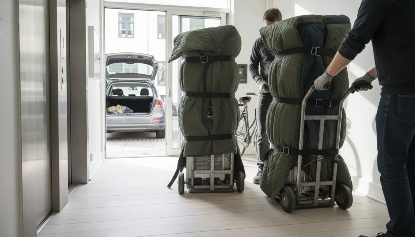 Adskilt køle-fryseskab pakket og flyttet på tralle i en Østerbro-opgang med bil klar udenfor.