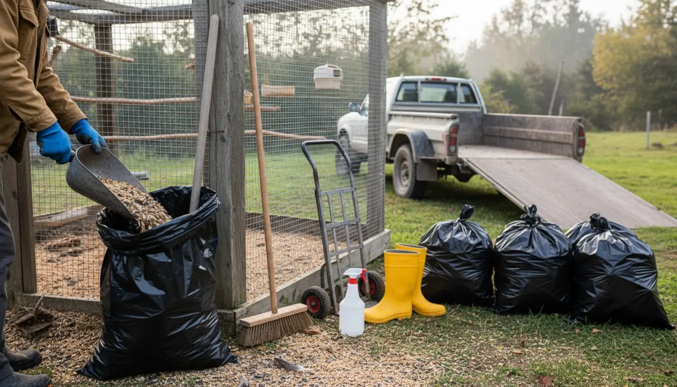 Rengøring af en udendørs fuglevoliere med handsker, affaldssække og trailer i blødt morgenlys.