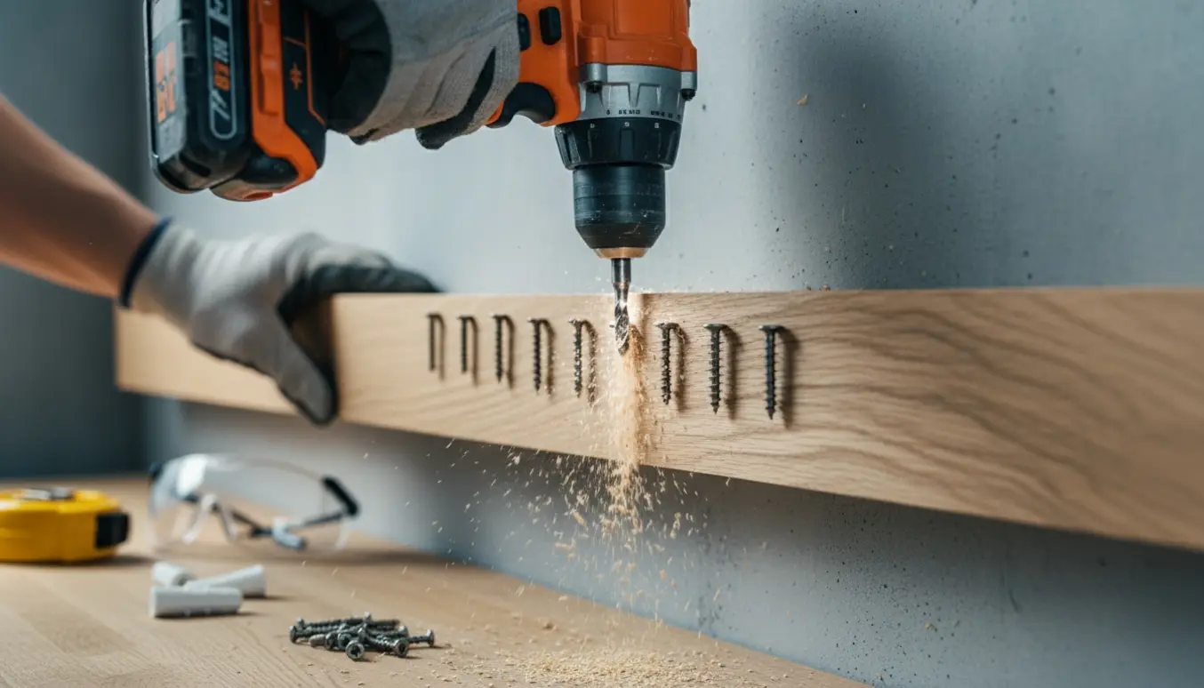 Nærbillede af en bohrhammer, der skruer syv skruer i en træplanke mod en betonvæg.