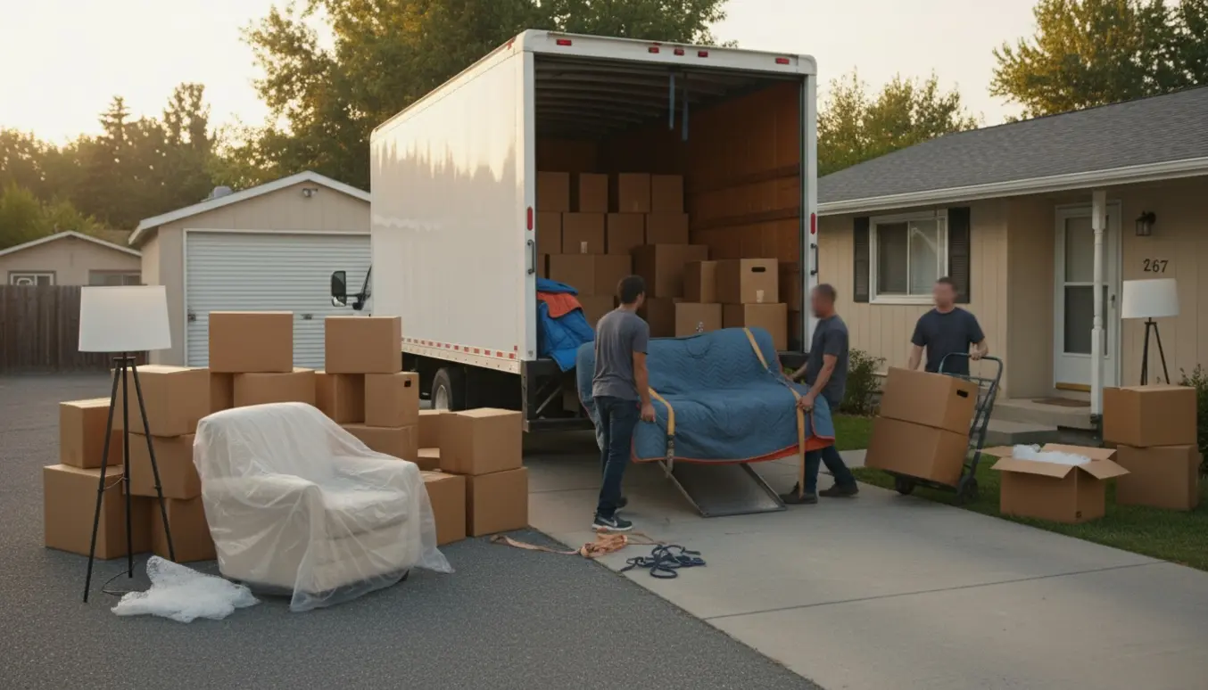 Flyttefolk læsser sofa og stakke flyttekasser ind i en åben flyttebil foran et hus.