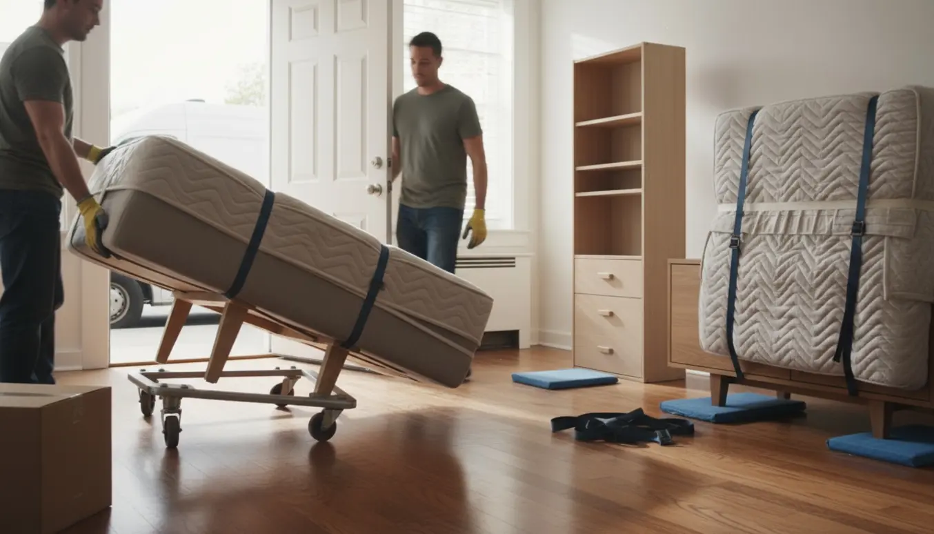 Flyttemænd trækker en boksmadras og møbler ud af en lys lejlighed, klar til afhentning.