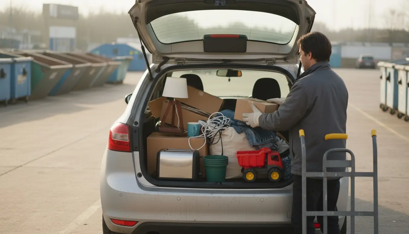 En hånd læsser forskellige små husholdningsgenstande i bilens bagagerum ved en genbrugsplads.