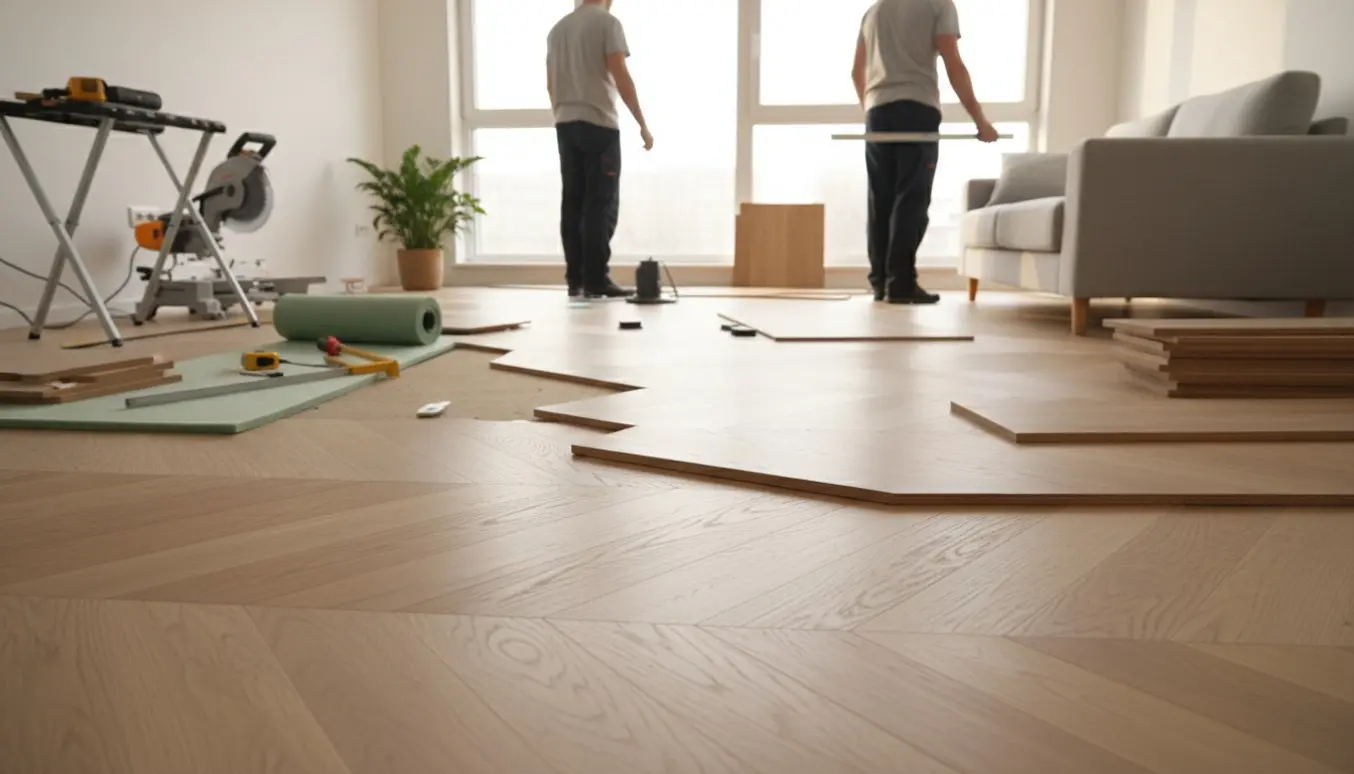 Nylagt slidebens klikgulv i en lys stue med værktøj og planker ved siden af.