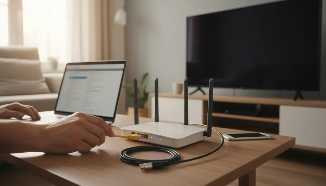 Nærbillede af hænder, der tilslutter et Ethernet-kabel til en router i en stue med fjernsyn i baggrunden.