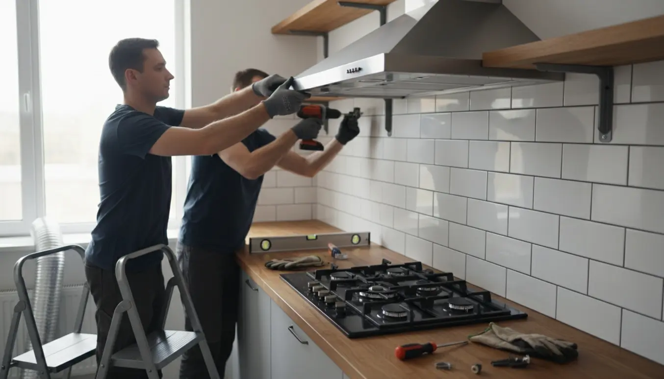 Montering af en bred rustfri emhætte over komfuret med fokus på hænder og værktøj i et moderne køkken.