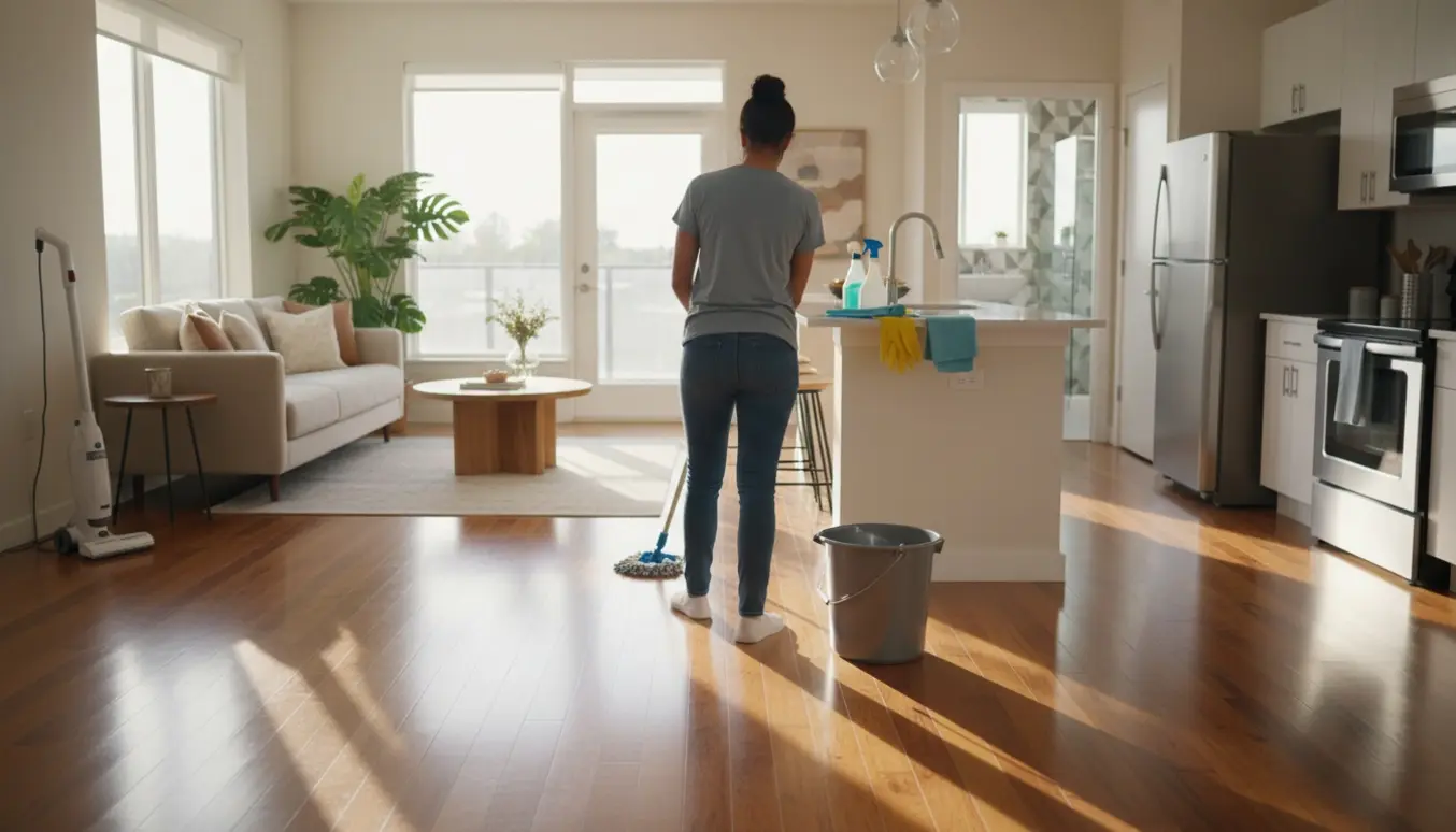 En professionel rengøringsperson mopper gulvet i en lys, moderne lejlighed med rengøringsudstyr og skinnende køkken i baggrunden.