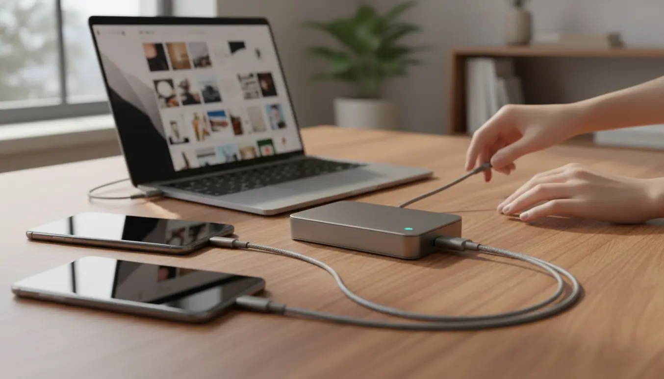 To iPhones tilsluttet en ekstern 2TB-harddisk på et træbord, hænder forbinder kabler under overførsel af billeder.