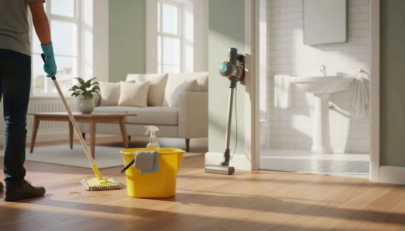 Person mopper trægulv i lys treværelses lejlighed med rengøringsudstyr og skinnende badeværelse i baggrunden.