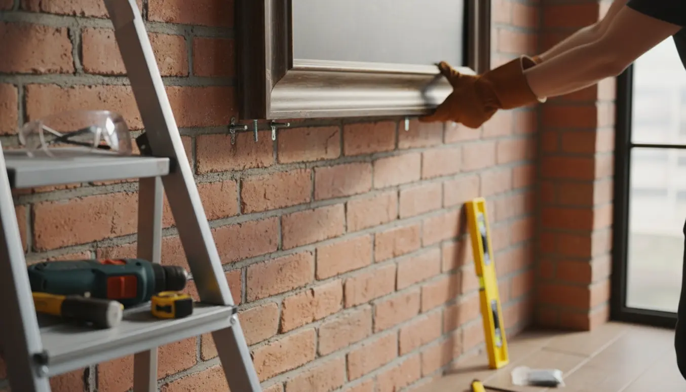 Hænder hænger et 60×80 cm tungt indrammet billede på en murstensvæg med to skruer.