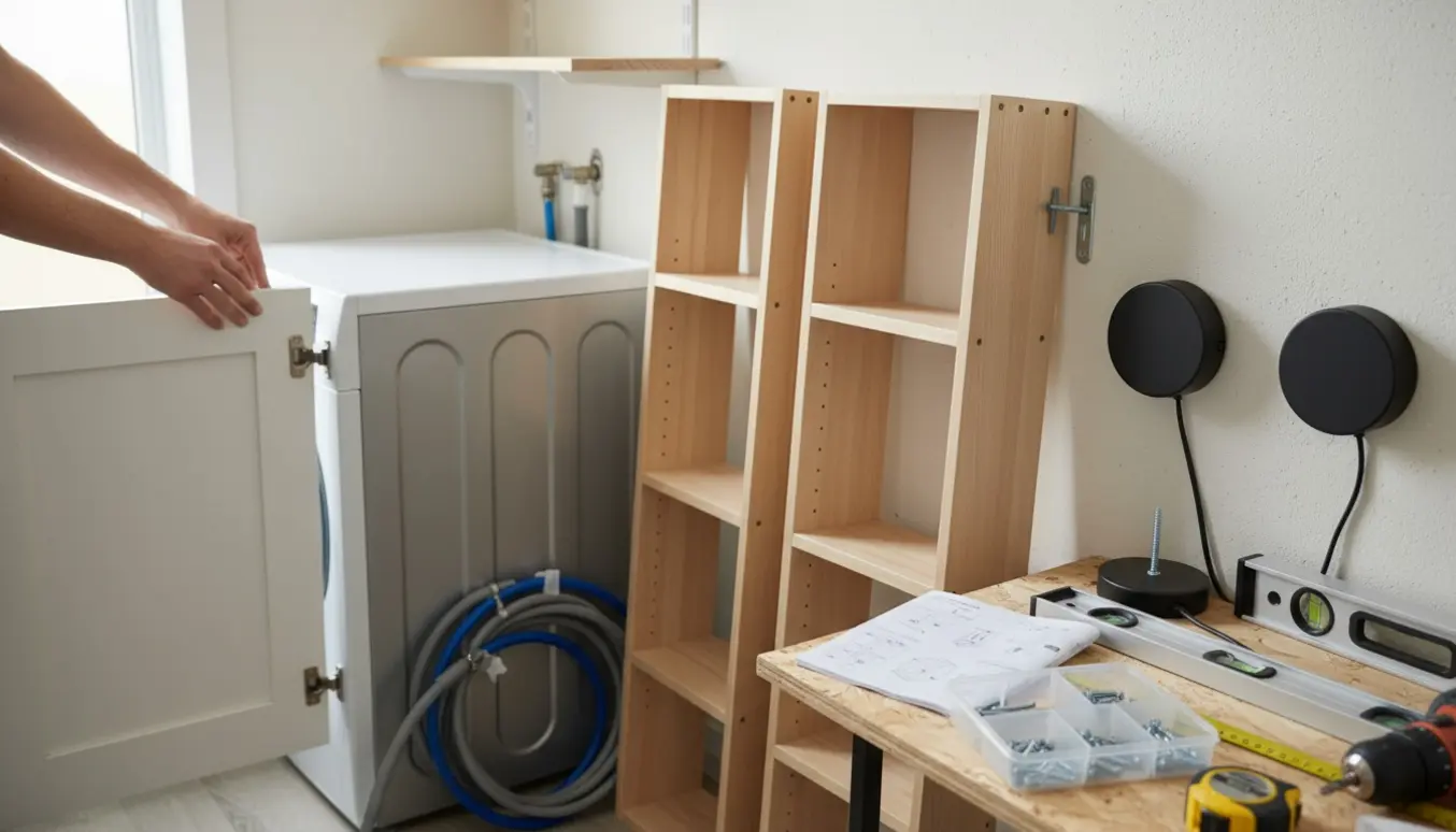 Vaskemaskine får monteret skabslåge med værktøj, bogkasser og væglamper klar til opsætning.