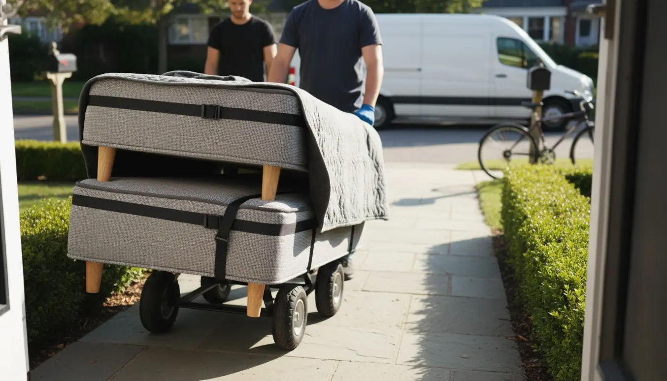 To enkeltsenge på en flyttedolly trækkes ud af et hus mod en parkeret flyttebil langs en indgangssti.