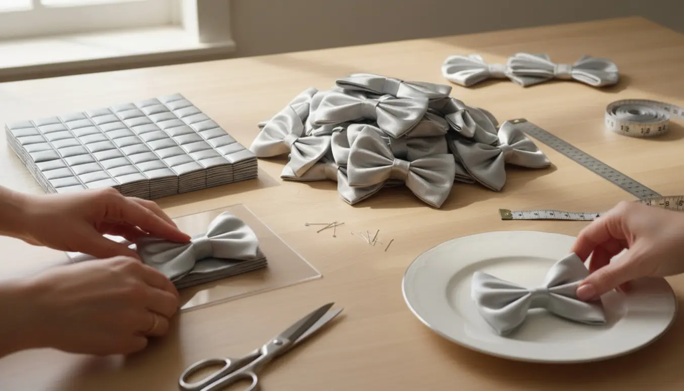 Hænder folder og placerer skinnende sølvsløjfer af silke på tallerkener ved et lyst arbejdsbord.
