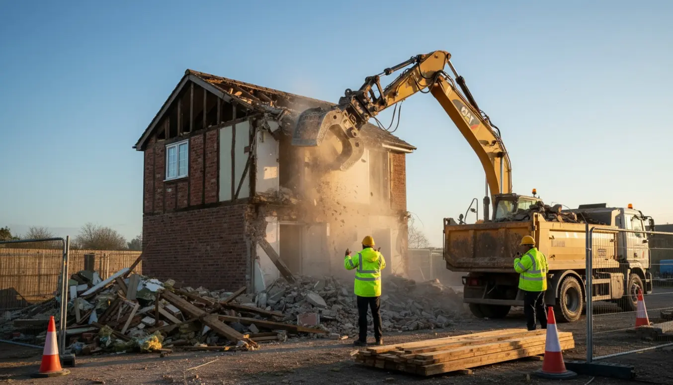 Nedrivning af et mindre hus med gravemaskine, bunker af mursten og skåret træ, uden synlige ansigter.