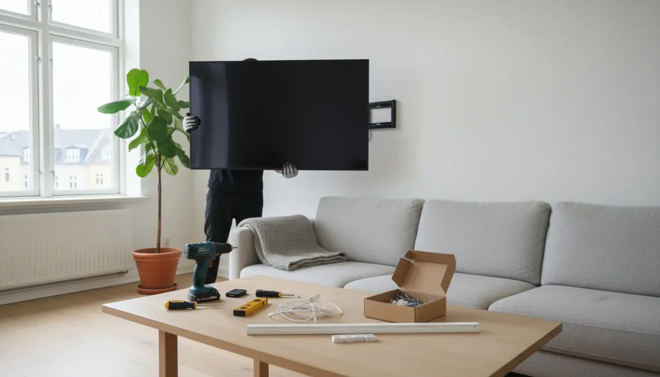 Installatør monterer et stort fladskærms-tv på væggen i en lys Østerbro-stue med værktøj på bordet.