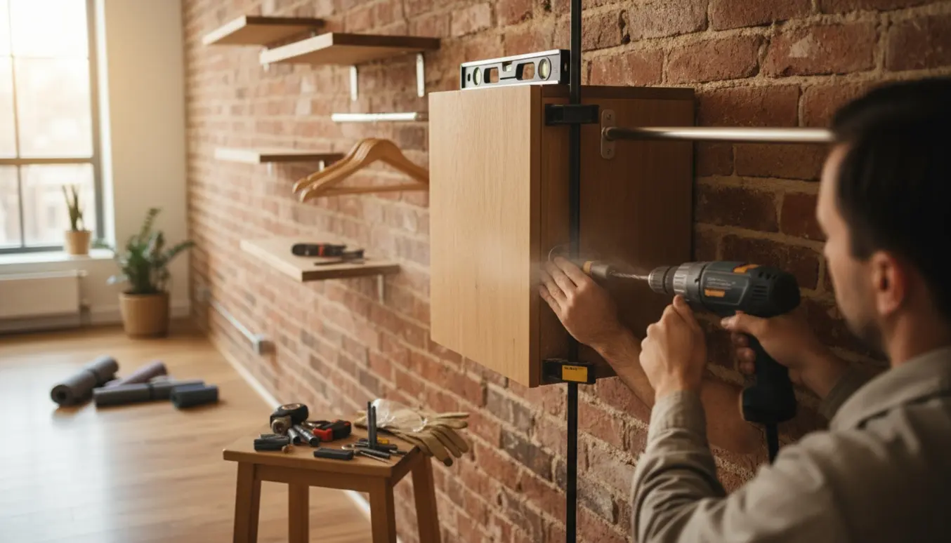 Håndværker monterer skohylder, bøjlestænger og et skab på en murstensvæg i et lyst yoga-studie.