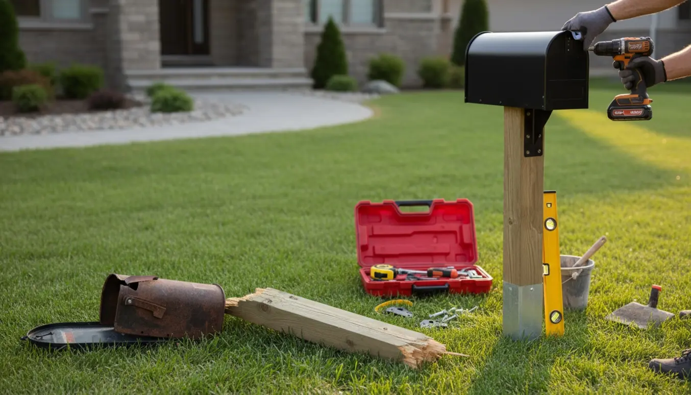 Hænder monterer en ny postkasse og stativ i en forhave efter udskiftning af en sprængt postkasse.