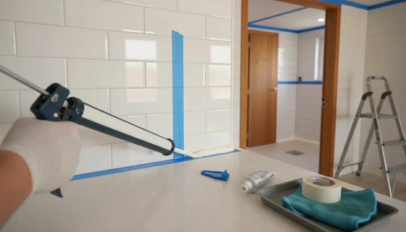 Nærbillede af fugearbejde: en hånd lægger frisk fuge mellem køkkenbord og flisevæg med fugepistol, med badeværelsesdør og gulvafløb i baggrunden.