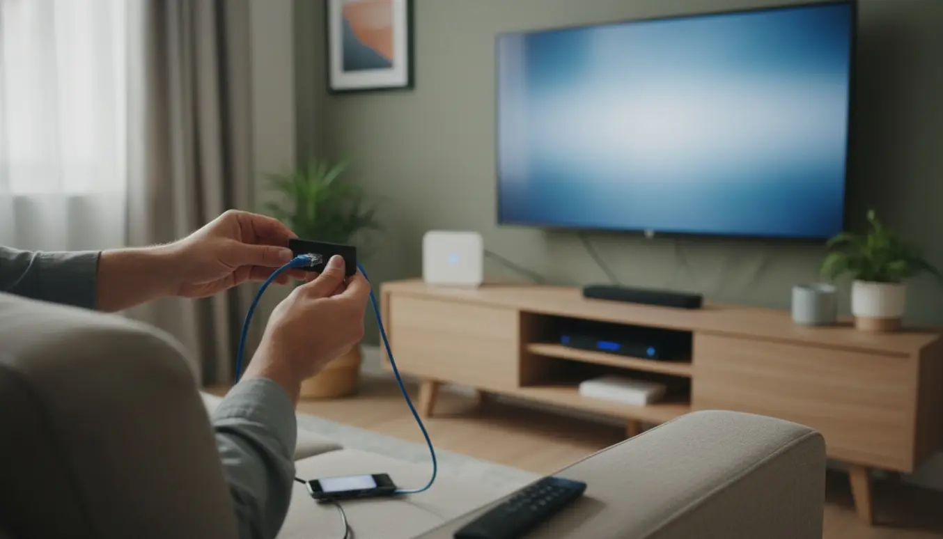Hænder forbinder HDMI- og netværkskabler bag et fladskærms-tv med router og set-top-boks på et mediemøbel.