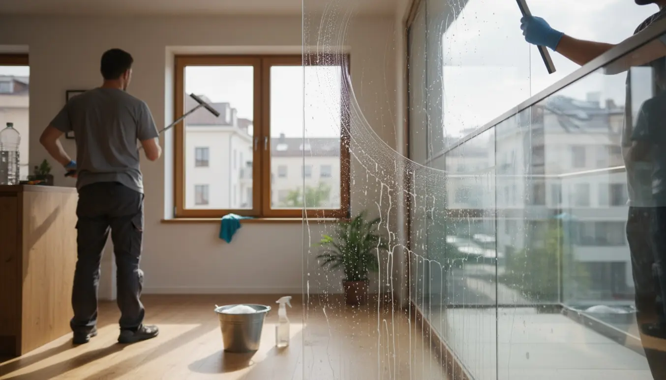 Professionel vinduespudser pudser store vinduer og glasaltan i en lys lejlighed uden ansigter synlige.