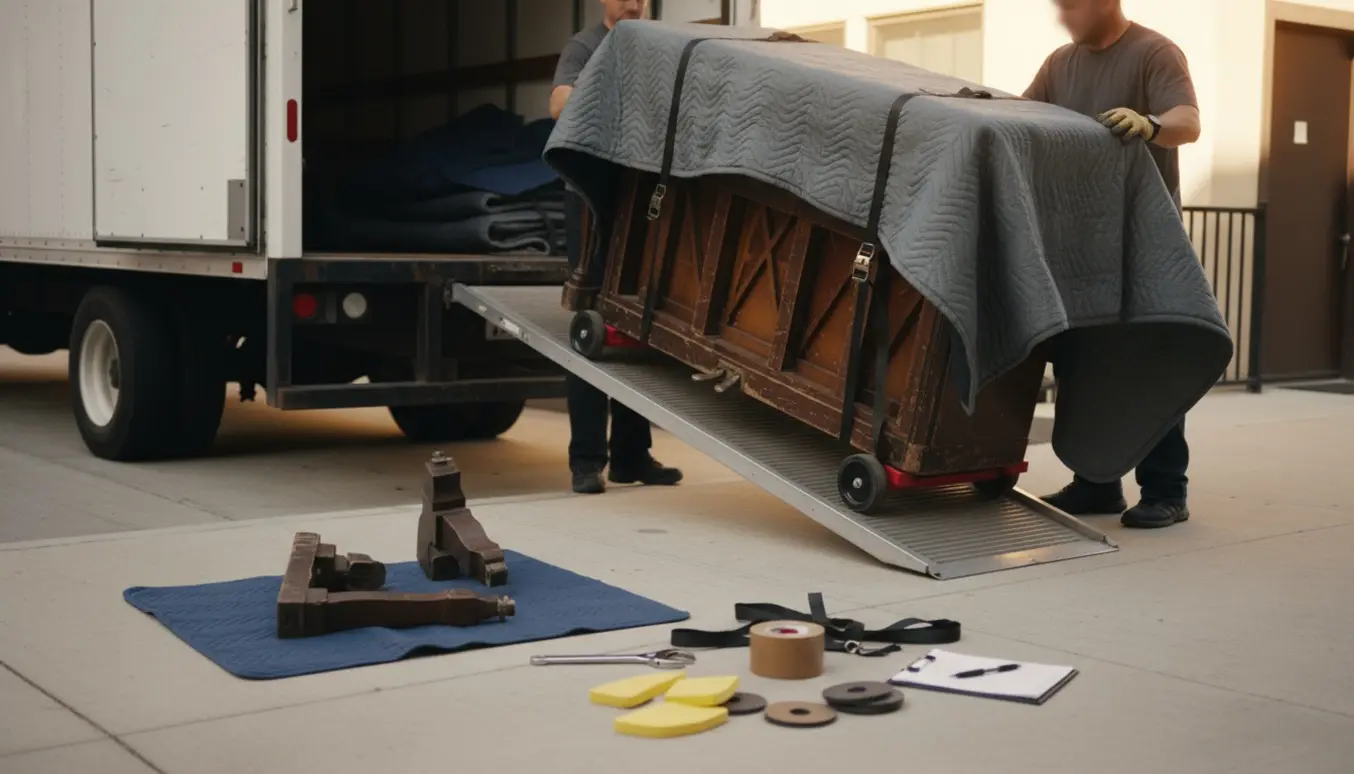 To flyttefolk læsser et tæppeindpakket klaver op i en lastbil med dolly og stropper.