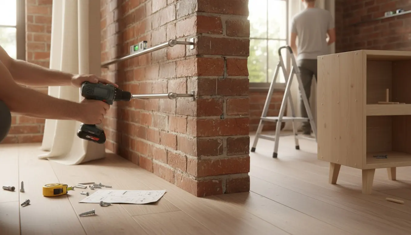 To gardinstænger monteres på en murstensvæg med værktøj og en halvfærdig samling af et lille møbel.
