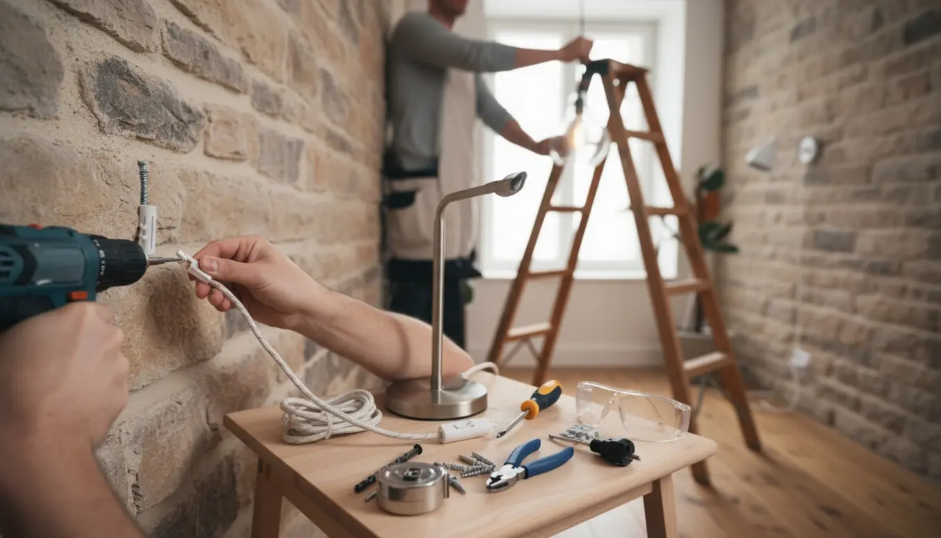 Hænder monterer lamper og udskifter en hvid ledning foran en muret væg med værktøj spredt på et bord.