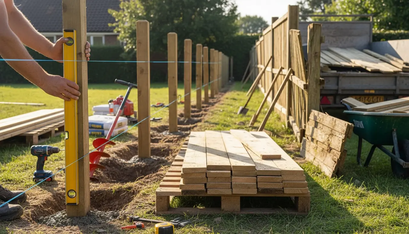 Nyt træstakit opsættes i have med stolper, brædder og værktøj, mens det gamle stakit fjernes.