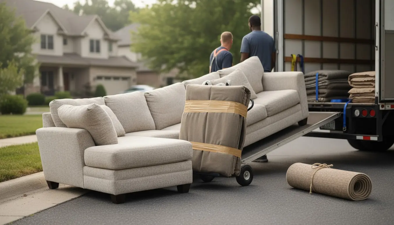 Flyttefolk løfter en U-sofa ved en lastbil kantsten-til-kantsten med et indpakket fjernsyn og et sammenrullet tæppe.