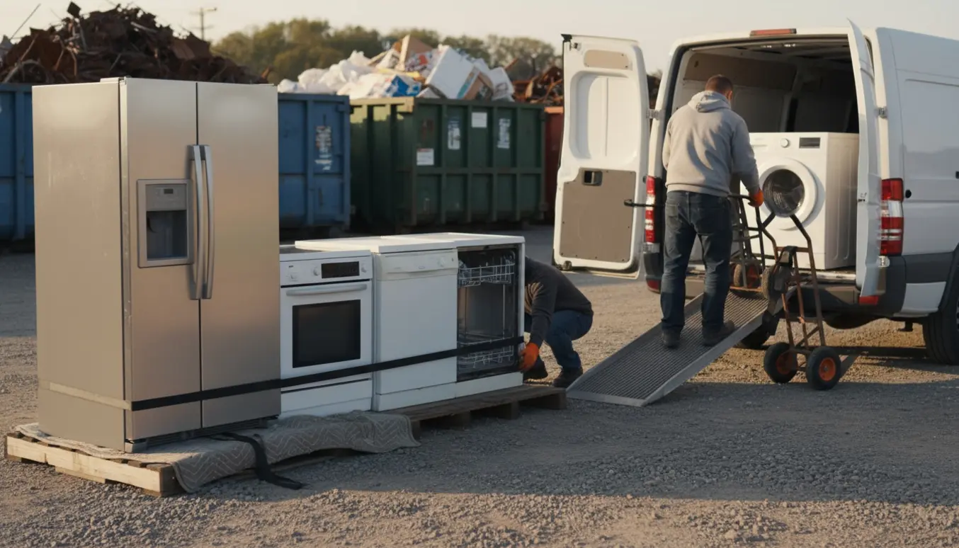 Store husholdningsapparater læsses på en varebil ved en genbrugsplads klar til aflevering.