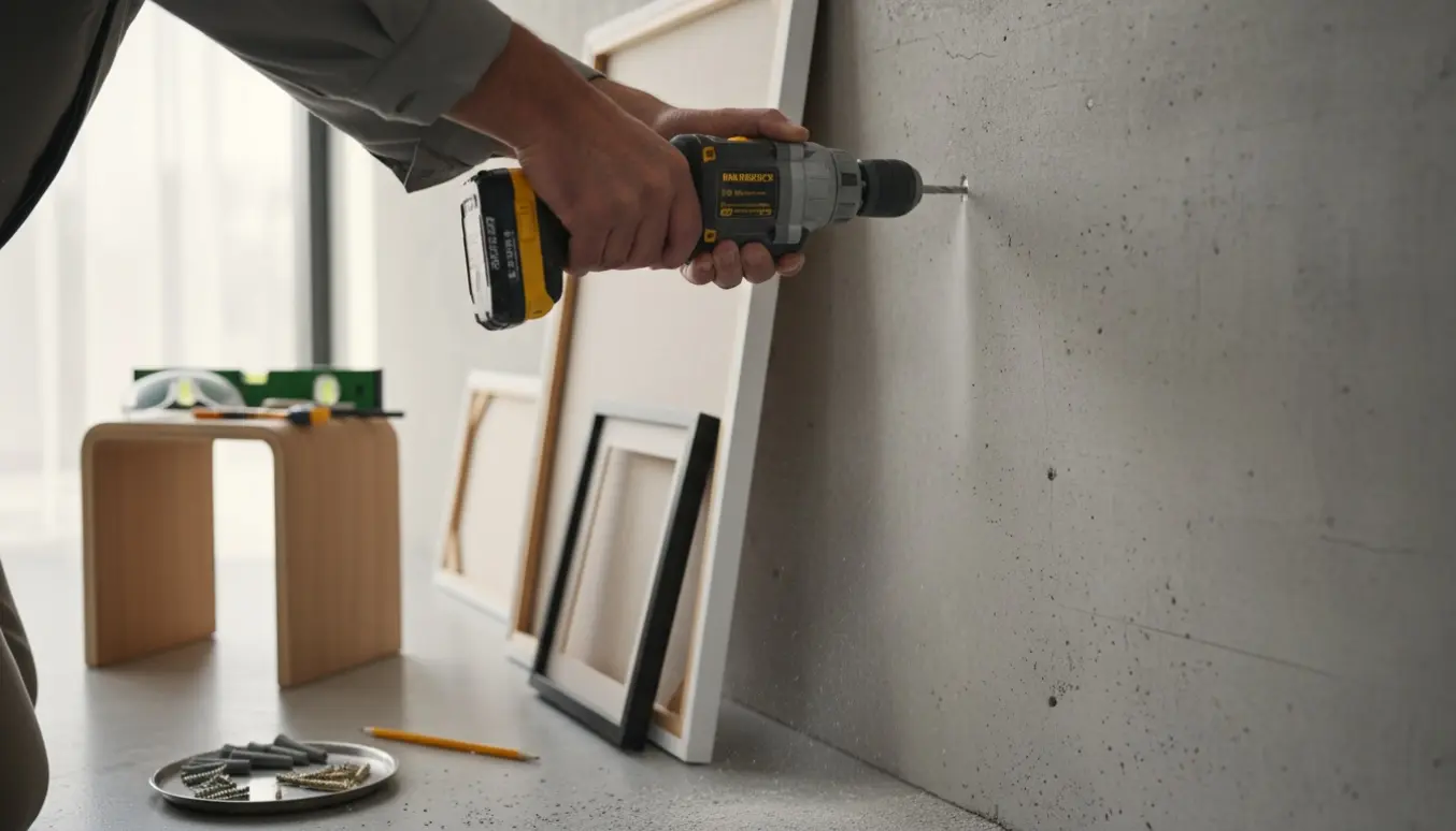Hænder der borer i en hård betonvæg for at ophænge store billedrammer med rawlplugs og værktøj ved siden af.