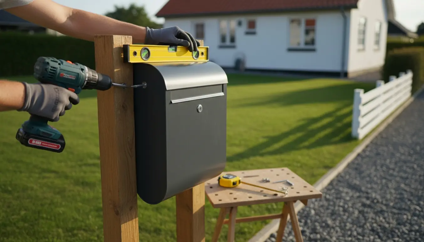 Nærbillede af montering af en ny postkasse på en træstolpe ved skel foran et parcelhus.