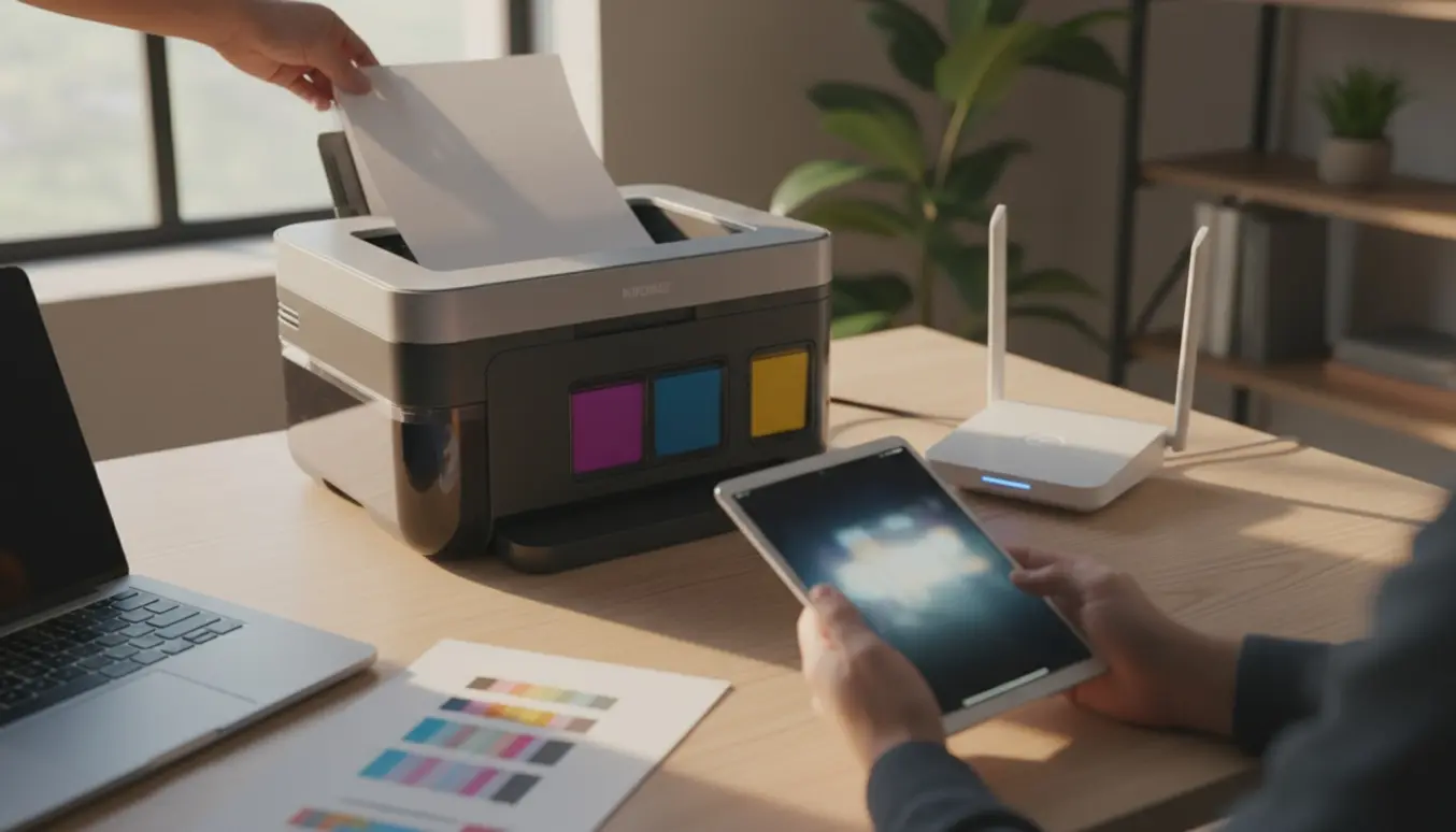 Hænder holder iPad og iPhone foran en trådløs ink‑tank‑printer på et lyst skrivebord under wifi‑opsætning.