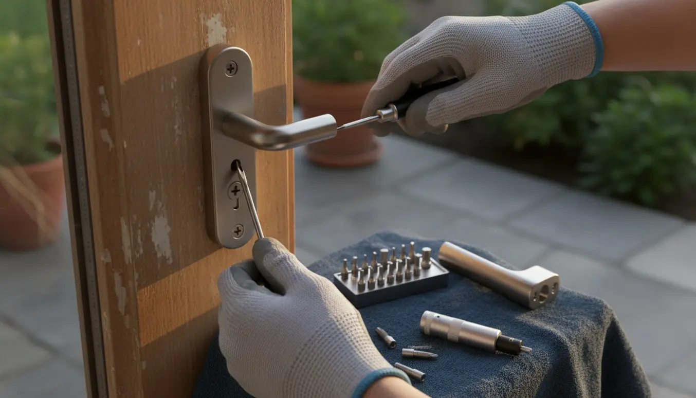 Nærbillede af hænder, der strammer et løst terrassehåndtag med specialbits på en trædør.